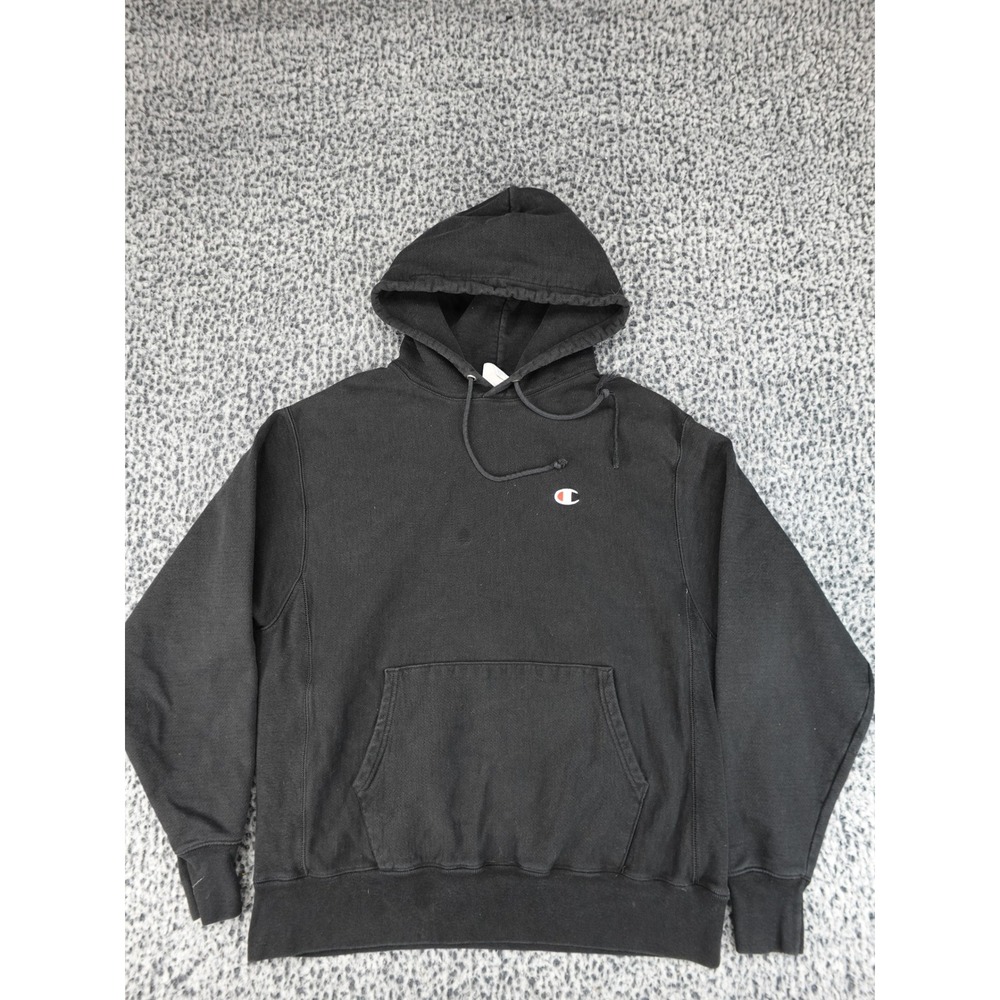 Champion Hoodie Mens Large Black Reverse Weave Embroidered Logo Sweatshirt